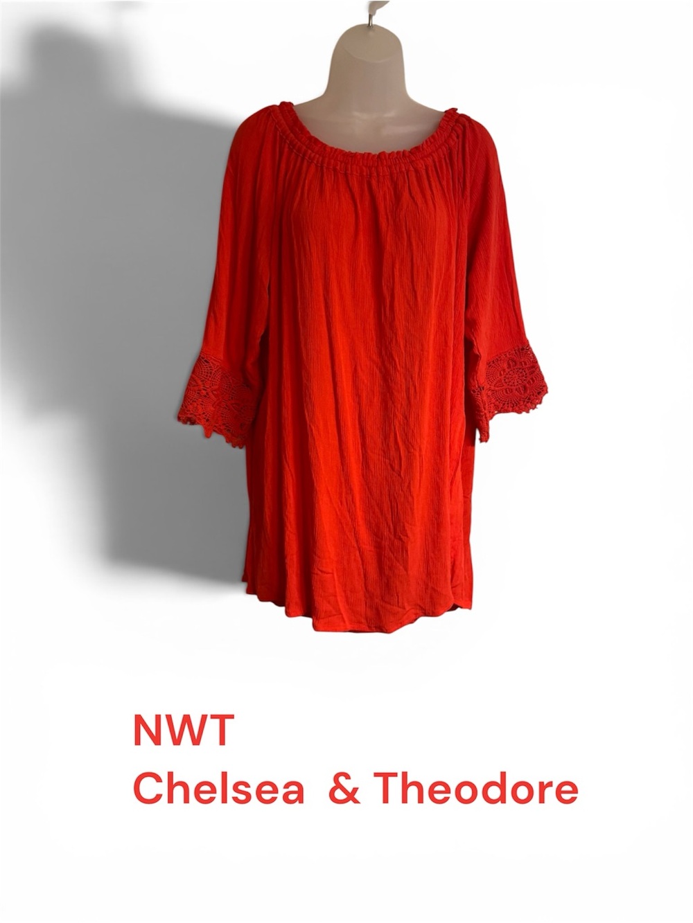 NWT Orange Peasant Tunic w/ Crochet Lace Sleeves ON/OFF Shoulder PLUS 2X #R